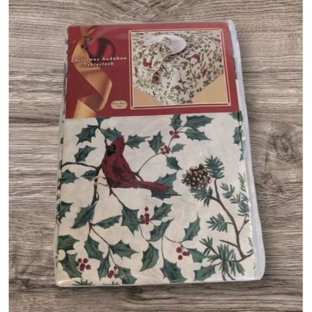 NOS Tablecloth Christmas Cardinals Oval Audubon 100% Cotton 60 x 84 Fabric 90s